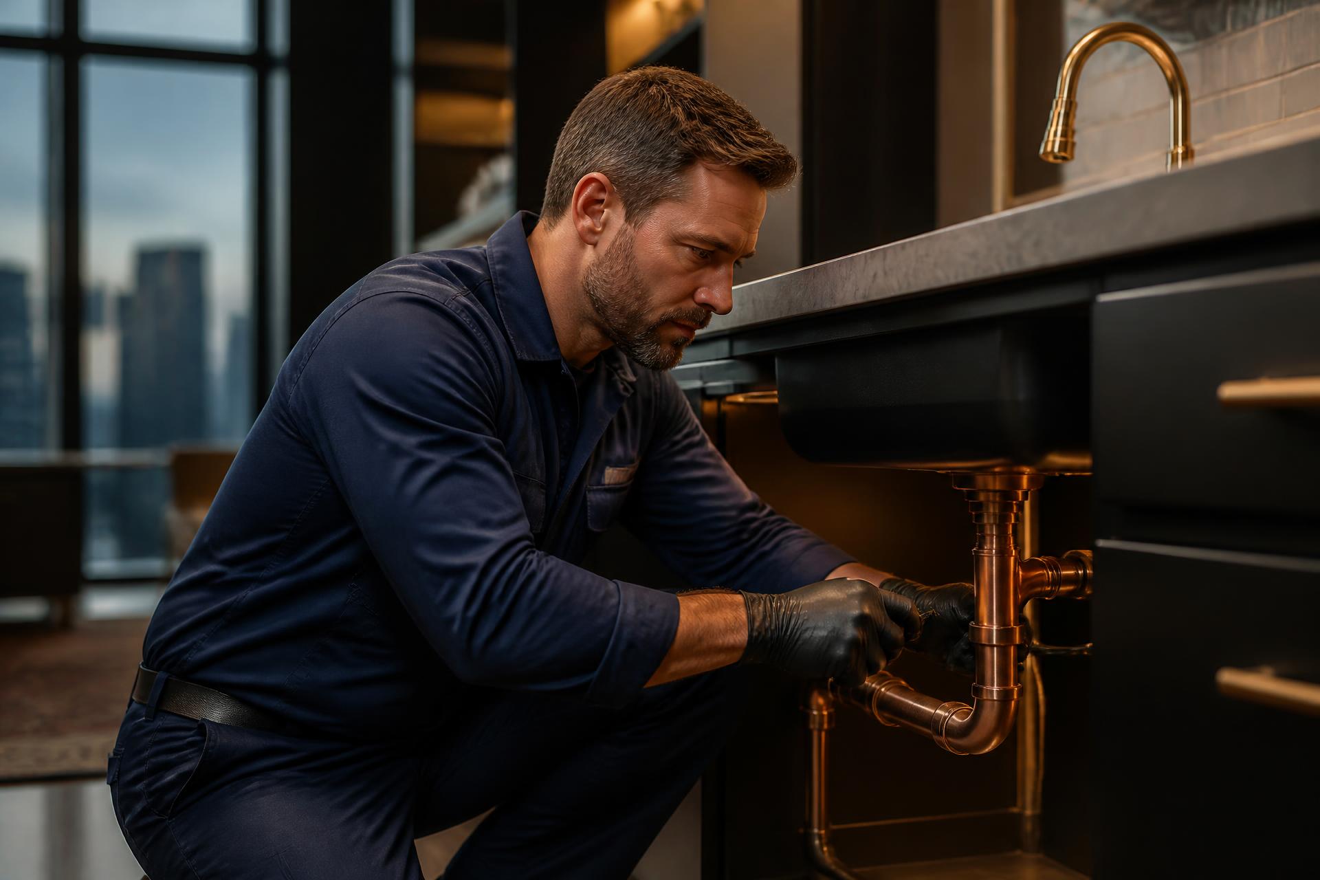 Licensed Prestige Plumbing technician repairing copper pipes under a kitchen sink in Mesa, Arizona
